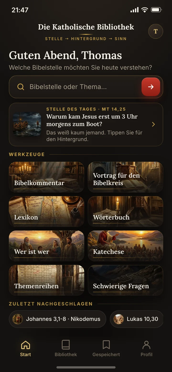Die App Die Katholische Bibliothek: die Suche nach Bibelstellen und die 8 Werkzeuge