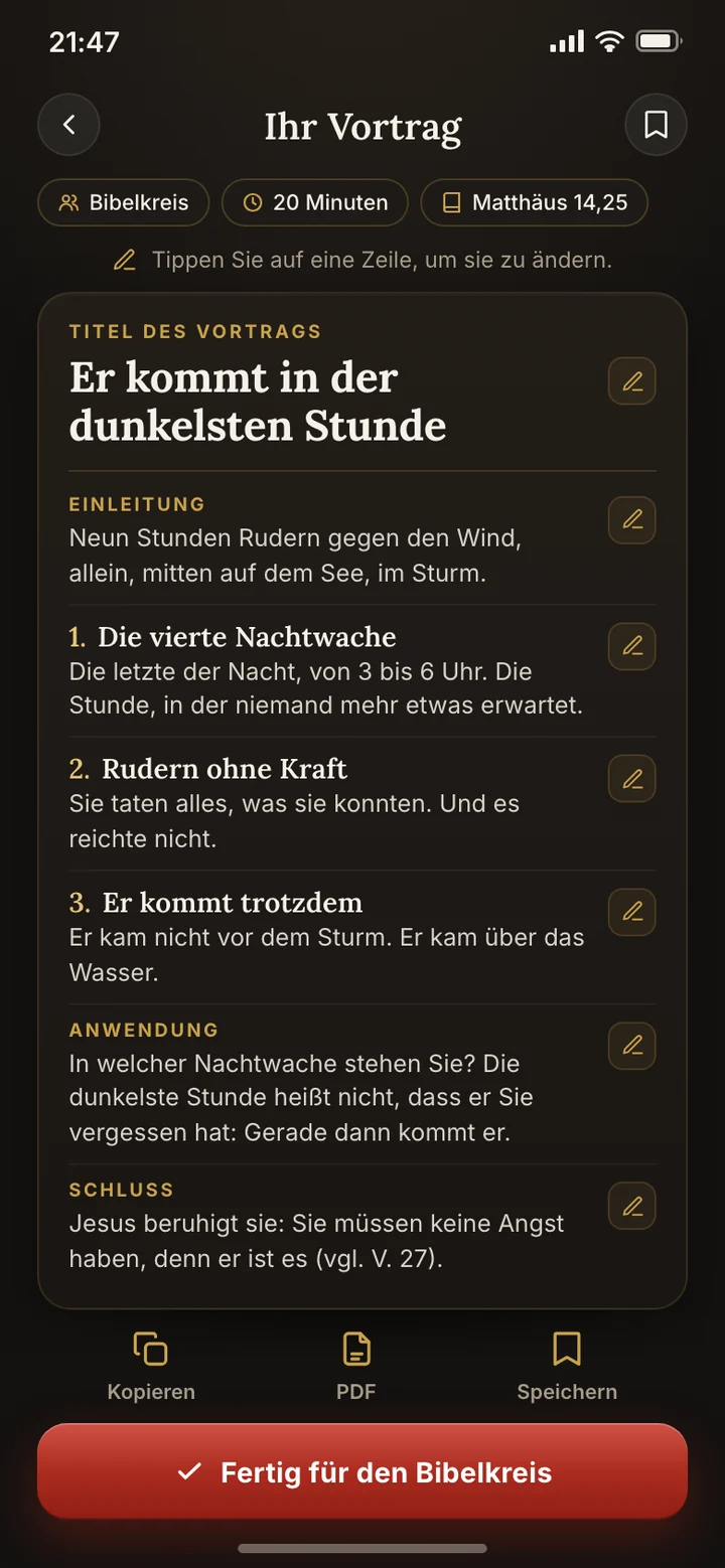 Der fertige Vortrag: Titel, Einleitung, drei Punkte, Anwendung und Schluss